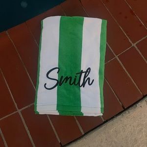 Green Stripe Beach Towel Personalized Smith in Black Thread